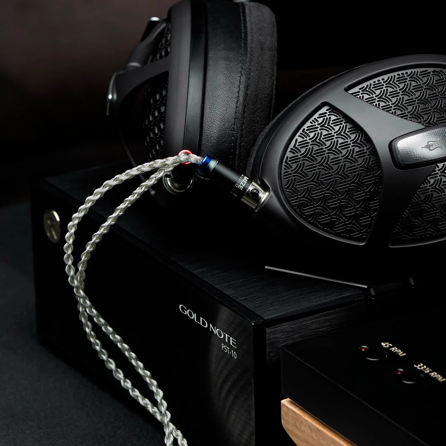 Meze Audio Mini XLR Silver PCUHD with the Meze Empyrean II open-back premium audiophile headphones connected to a headphone amplifier