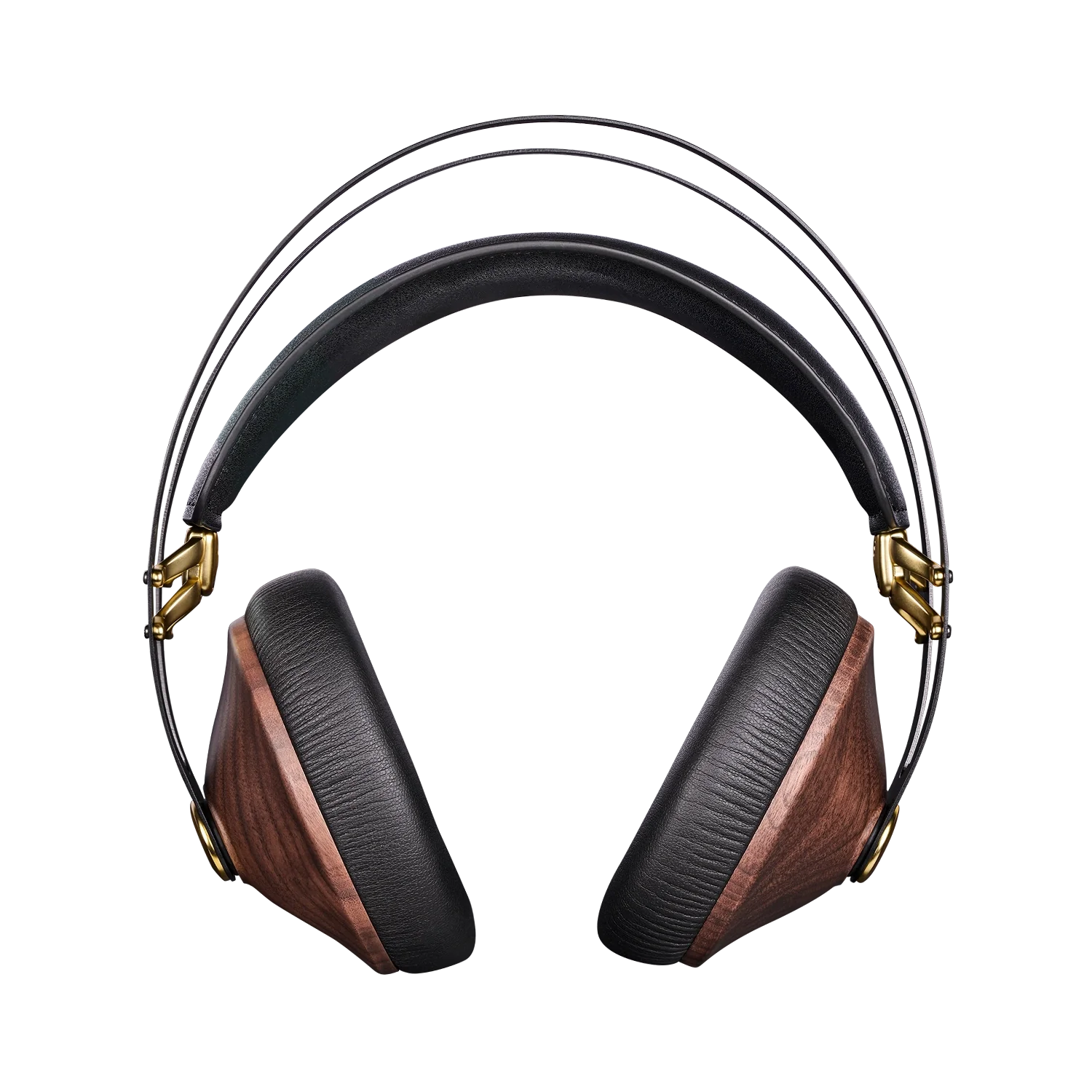Detailed close-up showing the craftsmanship of the walnut wood ear cups of these closed-back audiophile headphones, emphasizing premium build quality.