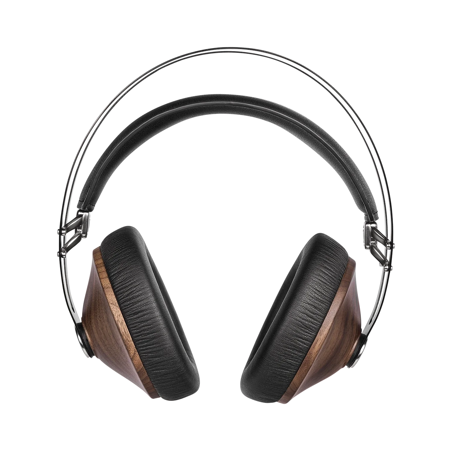 Detailed close-up showing the craftsmanship of the walnut wood ear cups of these closed-back audiophile headphones, emphasizing premium build quality.